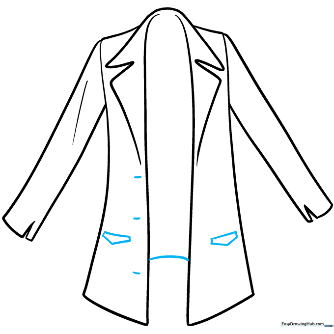 Adding details like pocket flaps, back hemline, and button holes to the coat.