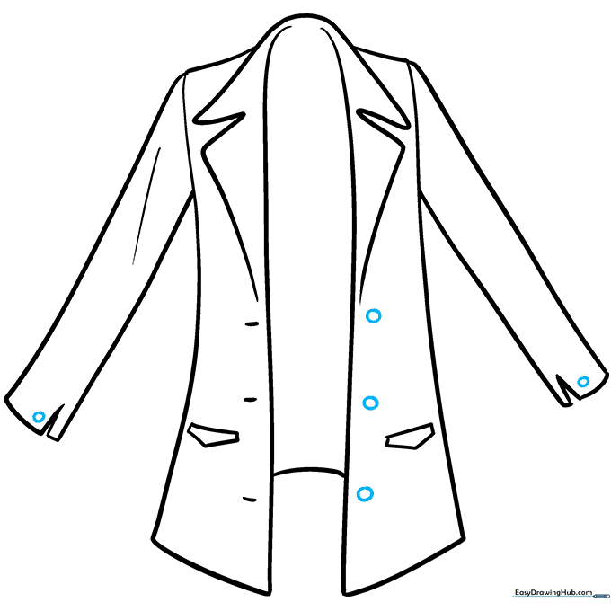 Adding circular buttons to the front and cuffs of the anime coat.