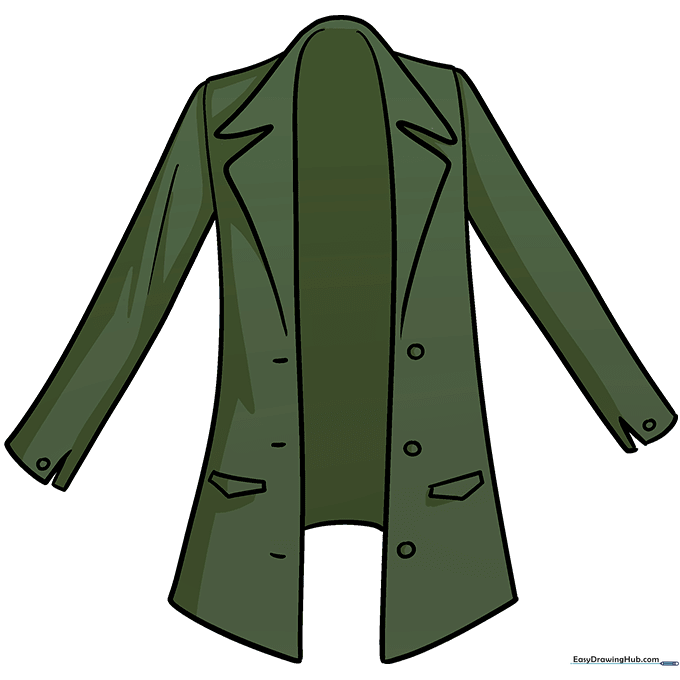 Final colored anime coat illustration in army green.