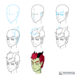 A completed, high-quality illustration of an anime demon character with horns and intense eyes.