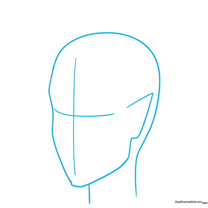 Pencil sketch showing a 3/4 profile head shape with cross guidelines for facial alignment.