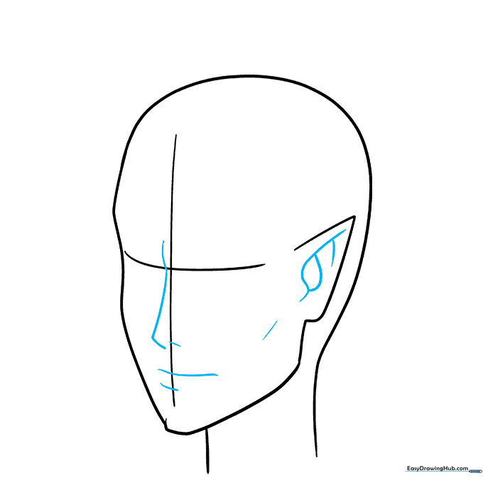 Close-up of the anime demon's ear, nose, and mouth structure drawn with clean, sharp lines.