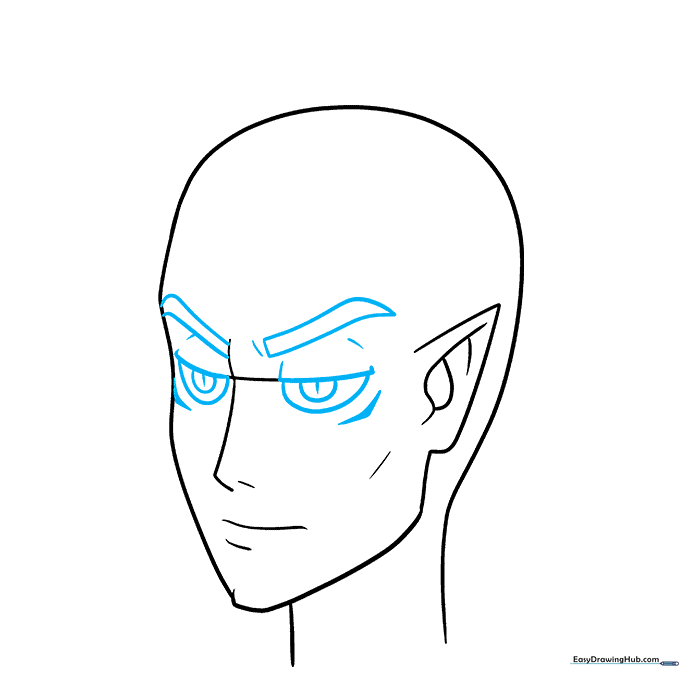 Detailed view of the anime demon's eyes and eyebrows, showing an intense, focused expression.