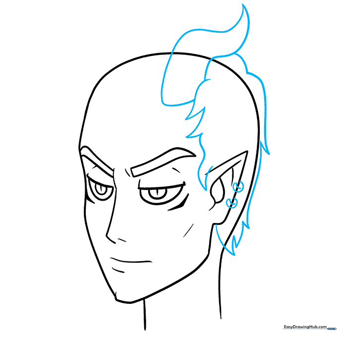 Drawing the demon's horn and hair, incorporating jagged lines and earring details.