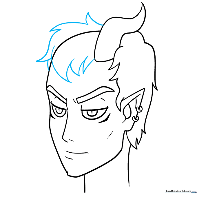 Refining the anime hair style by adding layers and erasing underlying construction lines.