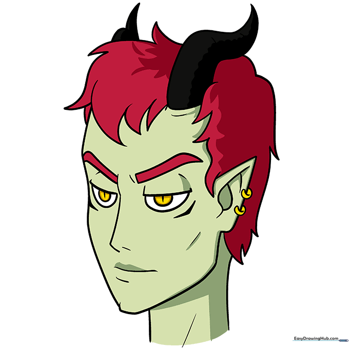 Finished, colored anime demon character with vibrant red hair, pale green skin, and gold accents.