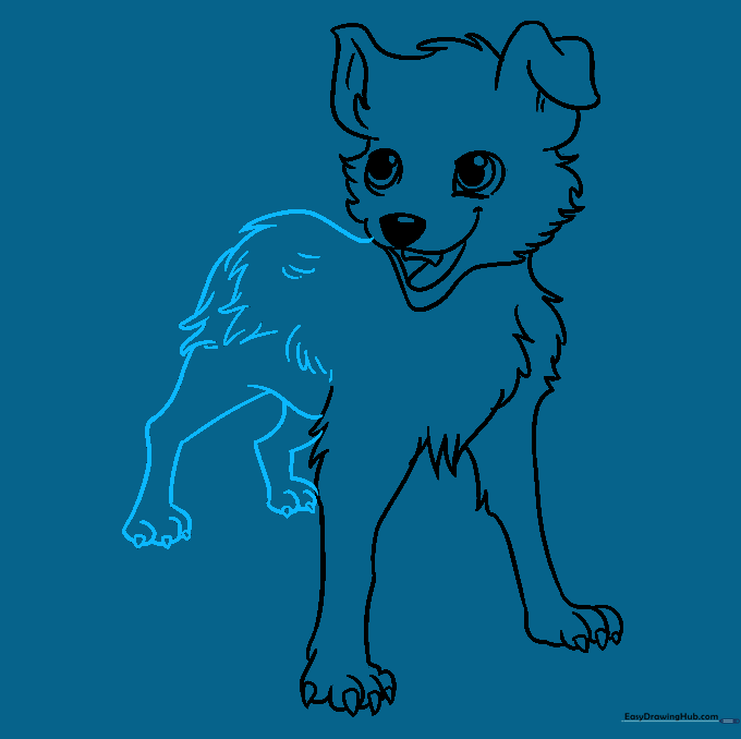 Adding the dog's body, back, and rear legs to the drawing.
