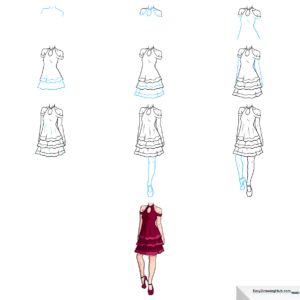 A vibrant, finished anime dress drawing, showcasing the tiered skirt and elegant design.