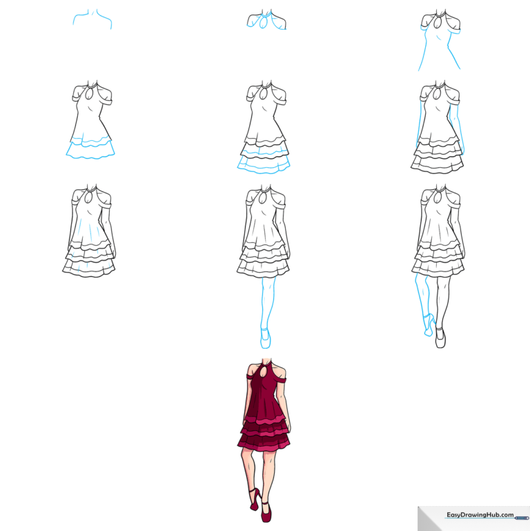 A vibrant, finished anime dress drawing, showcasing the tiered skirt and elegant design.