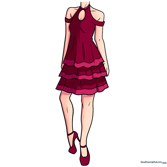 Final colored anime dress illustration with pink and red highlights.