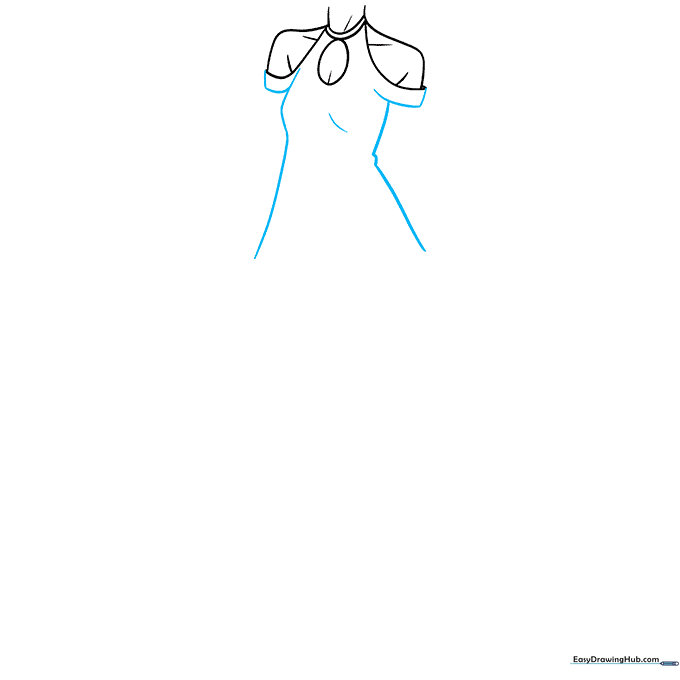Drawing the flared silhouette of an anime dress showing the waist and hip shape.