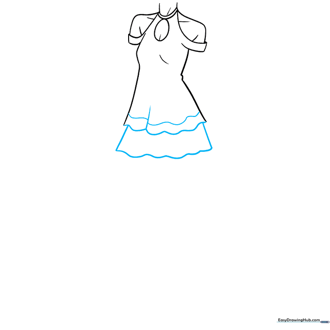 Adding the first ruffled tier to the anime dress skirt using wavy lines.
