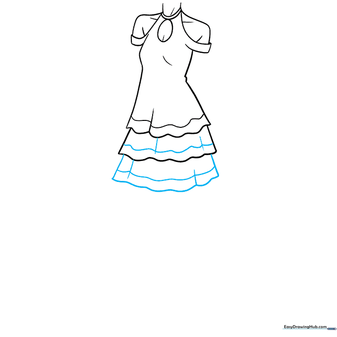 Completing the tiered skirt design with additional ruffles and fabric contour lines.