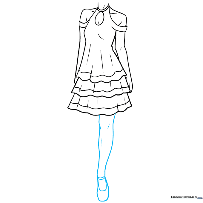 Sketching the first leg and high-heeled shoe with strap details.