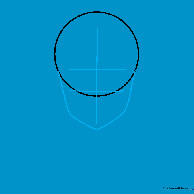 The circle from step one now has vertical and horizontal guidelines and a pointed chin shape added.
