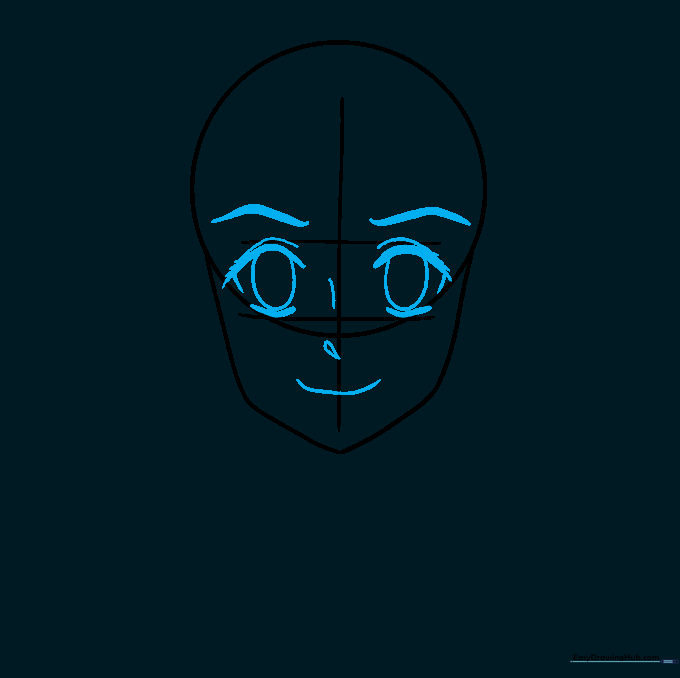 Detailed anime-style eyes, eyebrows, nose, and mouth drawn on the face guide.