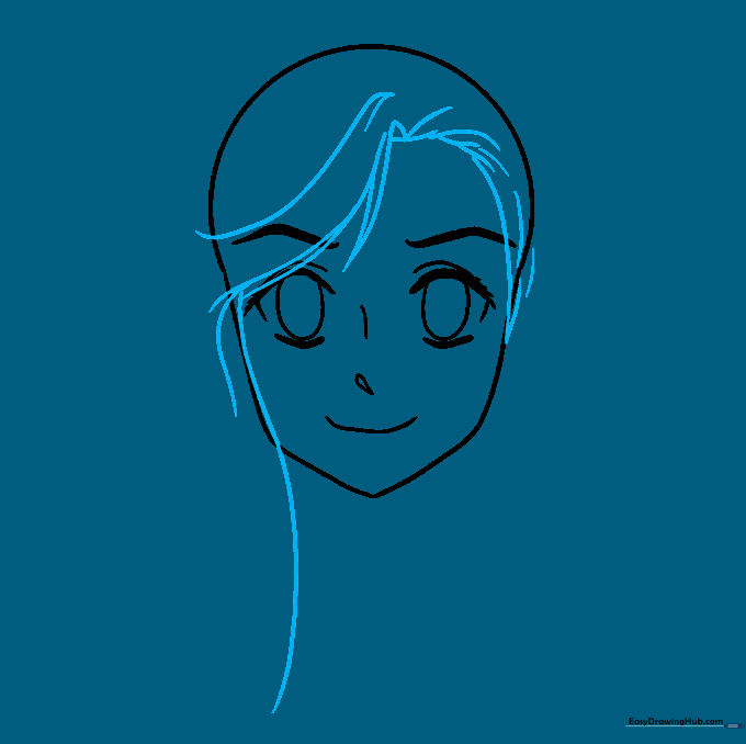 The face outline with hair strands beginning to frame the forehead and sides.