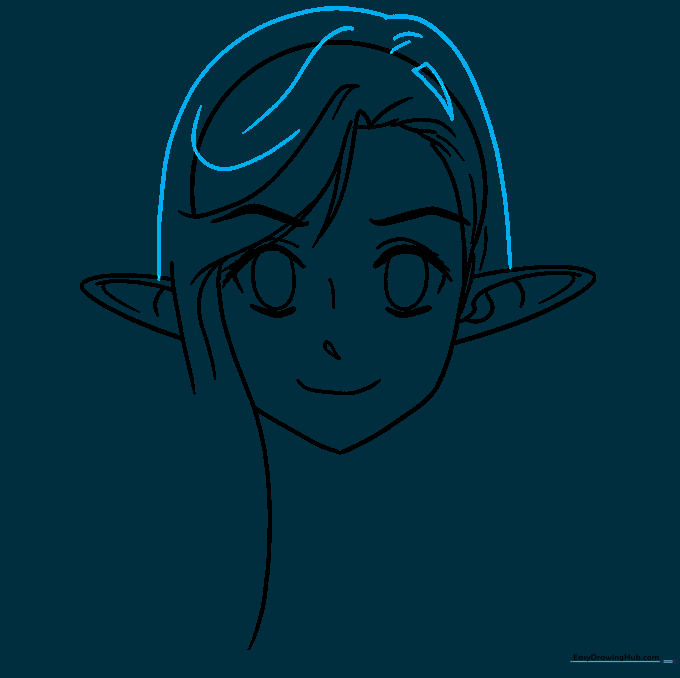 The character's hair is now fully outlined with added texture lines.
