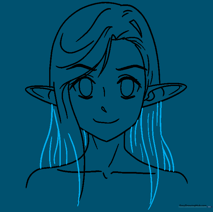 The hair is finished with additional detail lines to show flow and volume.