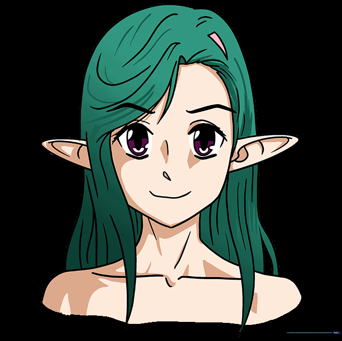 The completed anime elf drawing, fully colored with vibrant fantasy hair.