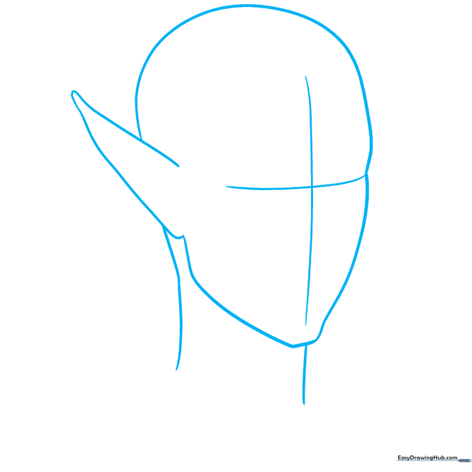 Pencil sketch showing the basic head shape and pointed ear of an anime elf with a construction grid.
