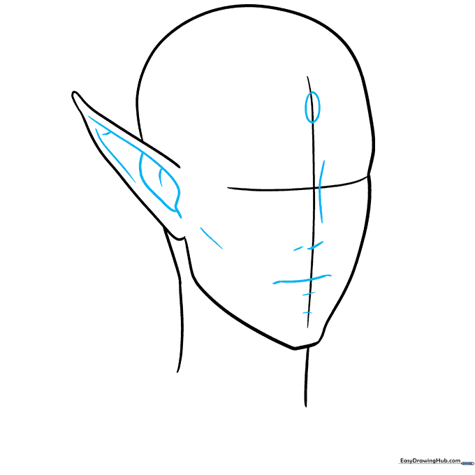 Detailed sketch showing the placement of the nose, mouth, and ear contours on the anime elf face.
