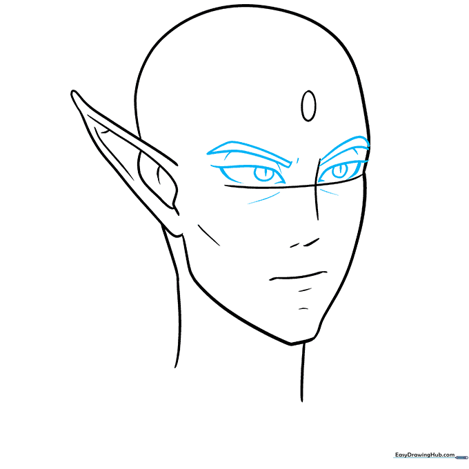 Close-up sketch of anime elf eyes and eyebrows positioned on the face grid.