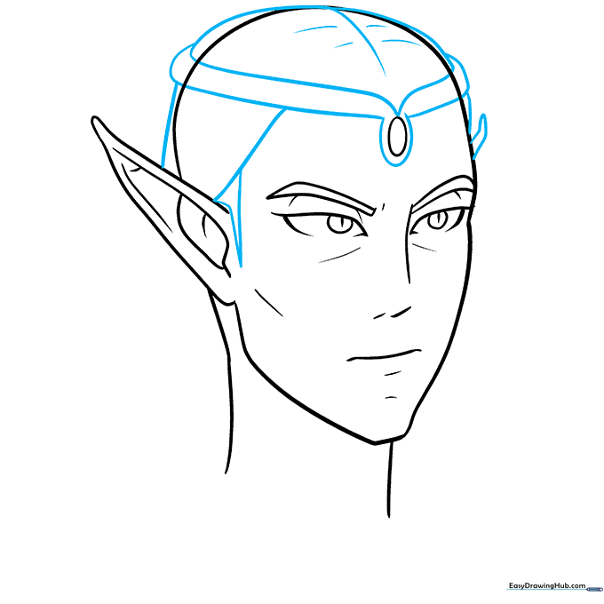Sketch of the anime elf with hair and crown added after removing the construction grid.