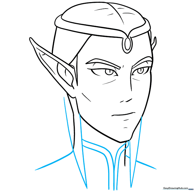 Sketch showing the addition of long hair locks and the character's collar and shoulders.