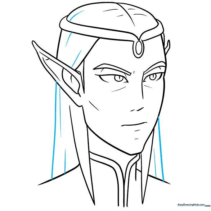 Detailed sketch showing hair texture lines added to the anime elf's hair.