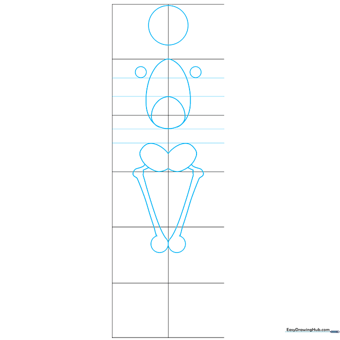 Basic geometric shapes including circles and ovals placed within a grid to represent an anime character's head, torso, and joints.