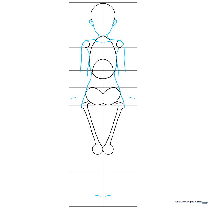Connecting the geometric shapes with fluid lines to form the neck, arms, and legs of an anime character.