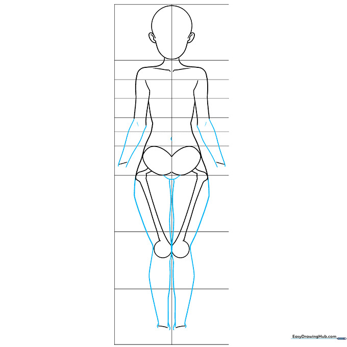 Refining the character's silhouette by erasing construction lines and smoothing the limb contours.