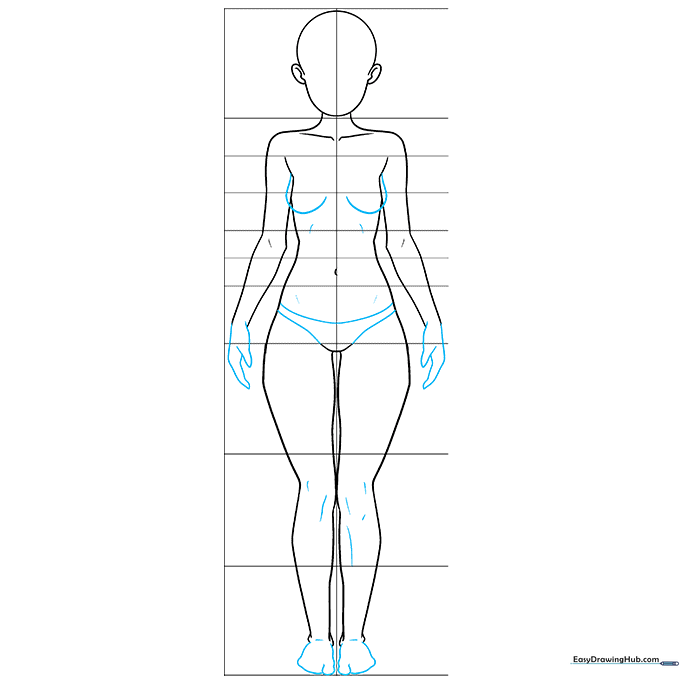 Adding final anatomical details like hands, feet, and subtle muscle contours to the anime character sketch.