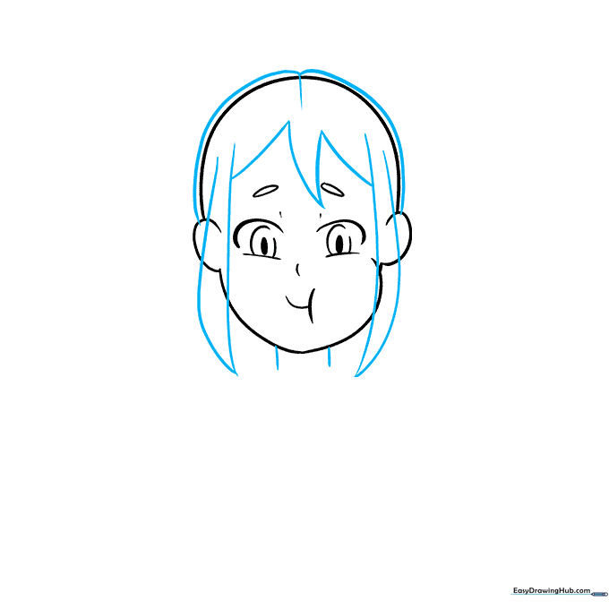 Adding hair clumps and neck lines to the anime girl drawing.
