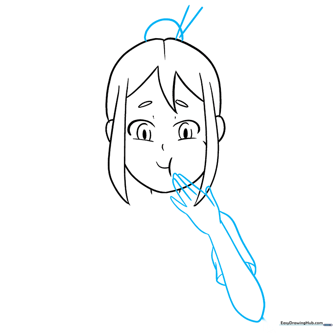 Drawing the hair bun and the girl's hand reaching forward.