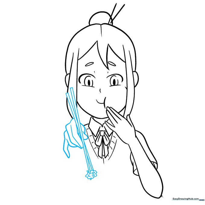 Drawing the hand holding chopsticks and a bowl of rice.