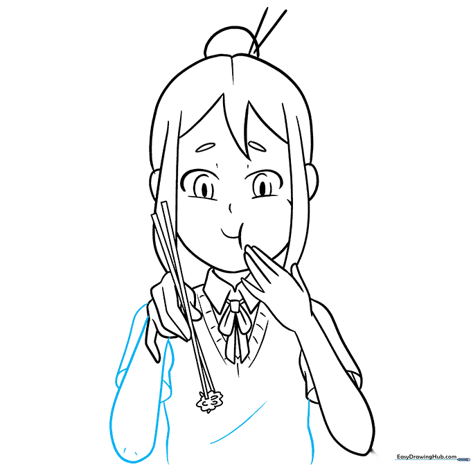 Finalizing the torso and arm lines for the anime girl.