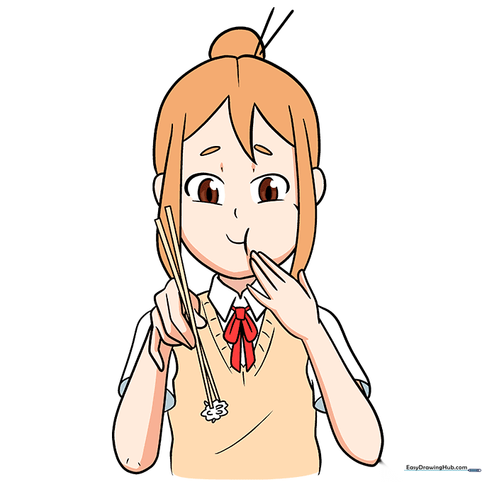 Finished, colored illustration of an anime girl eating.