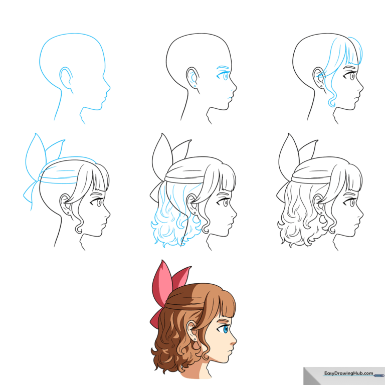 Finished, colorful anime girl in side profile with curly hair and a bow, presented as a completed art project.