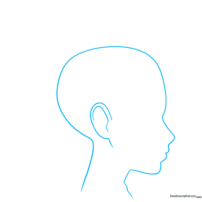 Pencil sketch of an anime girl's head and neck outline in profile view on white background.
