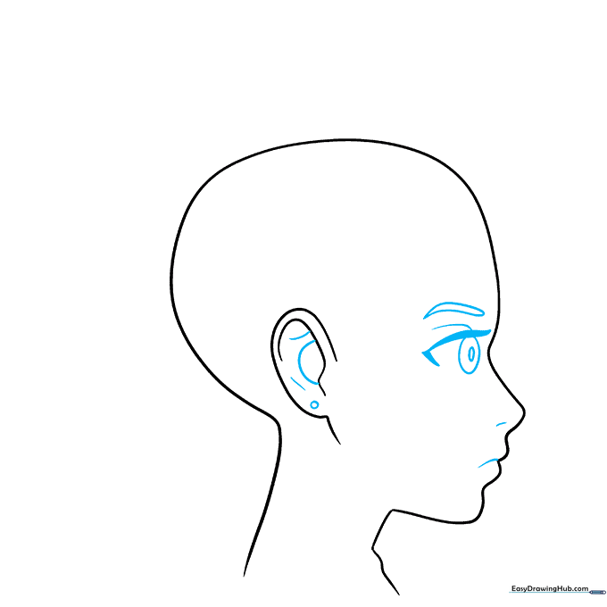 Detailed facial features including eye, eyebrow, nose, and mouth added to the anime profile sketch.