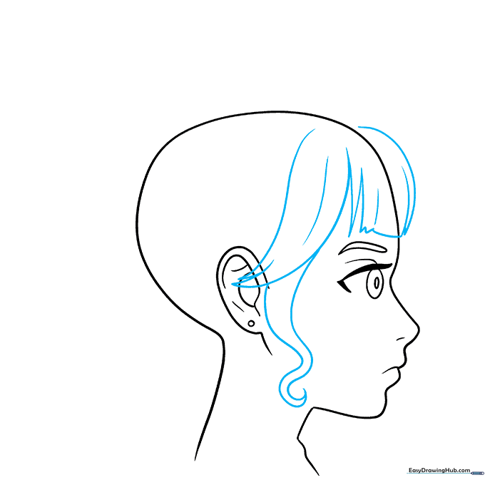 Anime girl sketch showing the addition of layered bangs and hair strands in front of the ear.