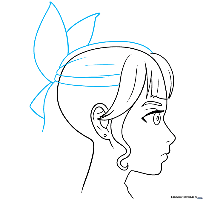 Anime girl sketch showing the hair volume on top and a bow attached to the ponytail.