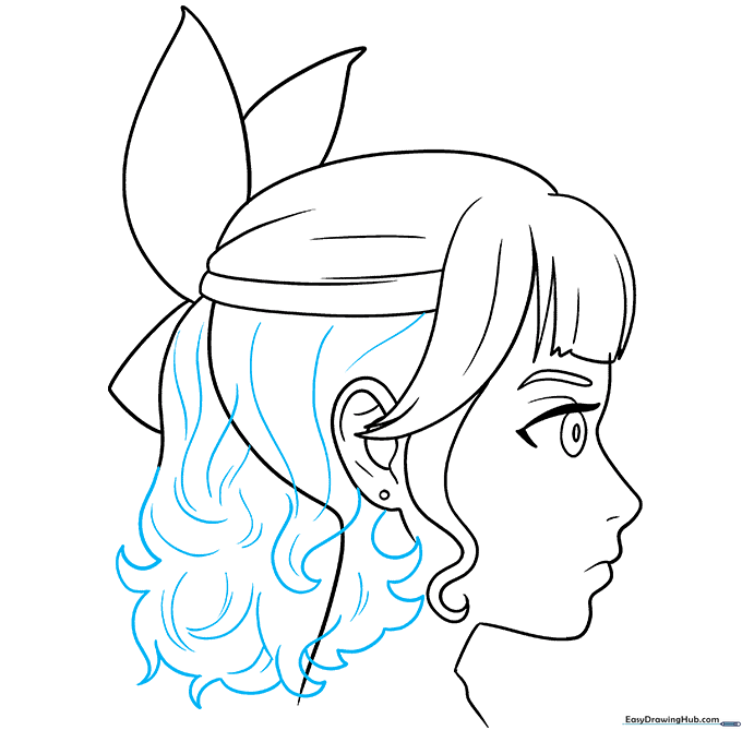 Anime girl sketch with added curly hair texture and flowing locks.