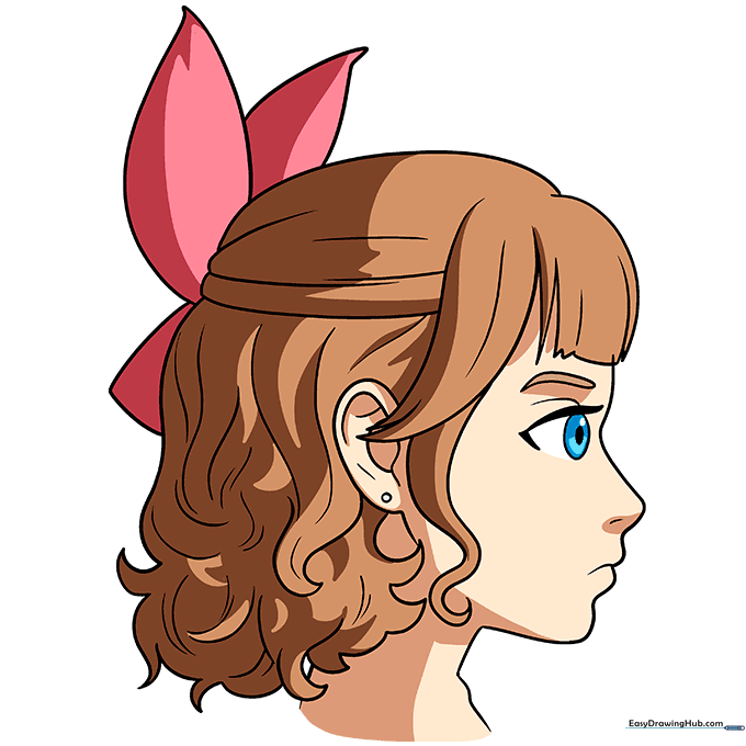 Final colored illustration of the anime girl with curly hair and a hair bow.