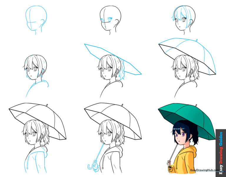 A vibrant, finished anime girl character standing in the rain with an umbrella.