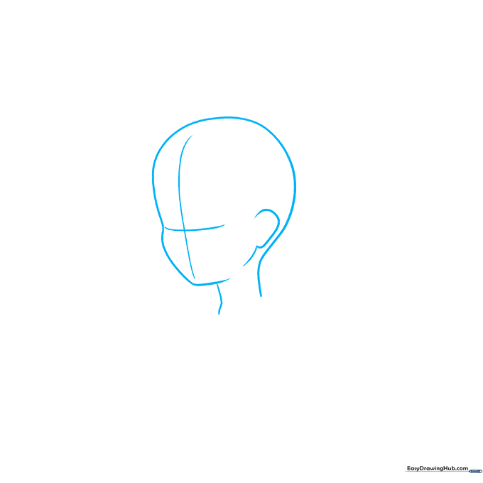 Pencil sketch showing the initial head shape and facial guidelines for an anime character in 3/4 view.