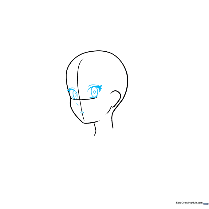 Close-up sketch of anime-style eyes, nose, and mouth placed on the facial grid.