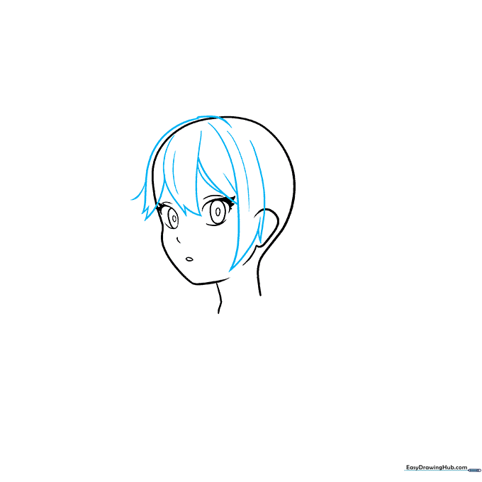 Drawing the initial hair shape using jagged, flowing lines around the anime girl's face.